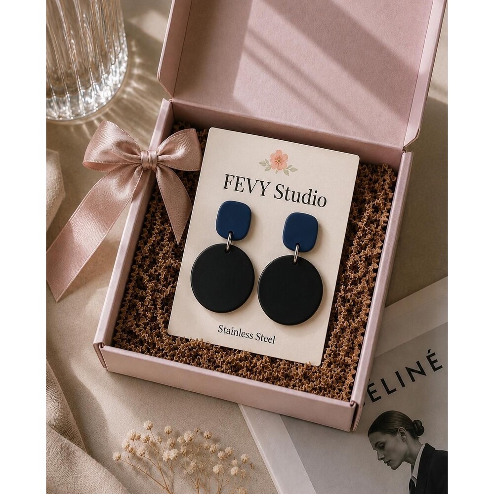 Navy Blue & Black Polymer Clay Earrings | Modern Statement Dangle Earrings